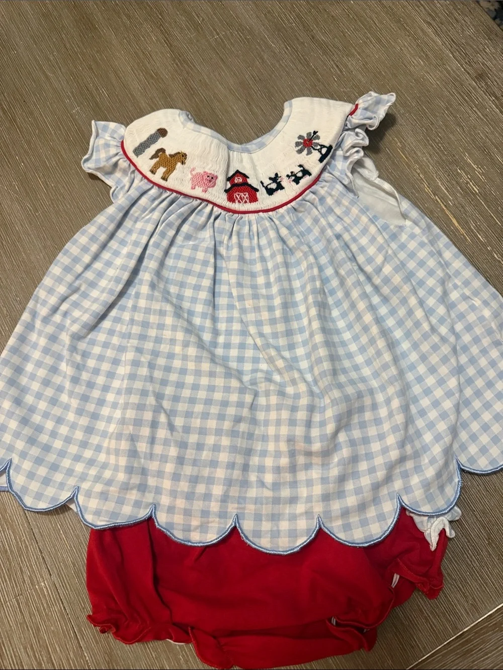 Blue Gingham Smocked Farm Baby Dress with Red Bloomers